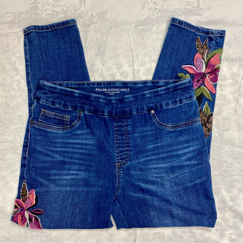 Chico's Floral Embroidered Blue Jeans